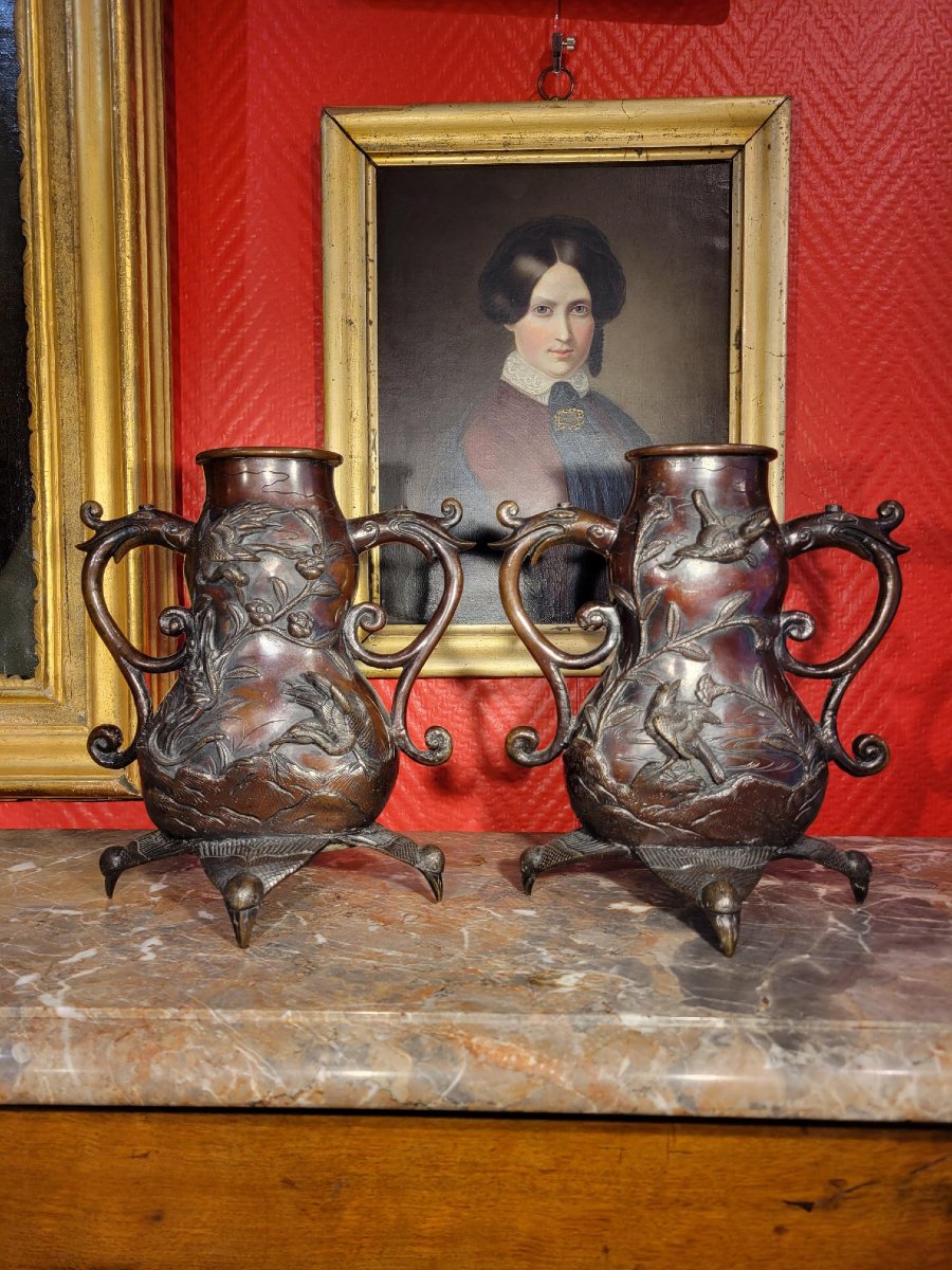 Pair Of Japanese Bronze Vases, Decorated With High Relief—meiji Era (1868–1912)