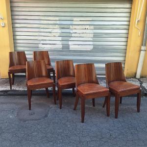 Suite de 6 chaises Art Déco — Palissandre et galettes cuir d'origine — France vers 1930