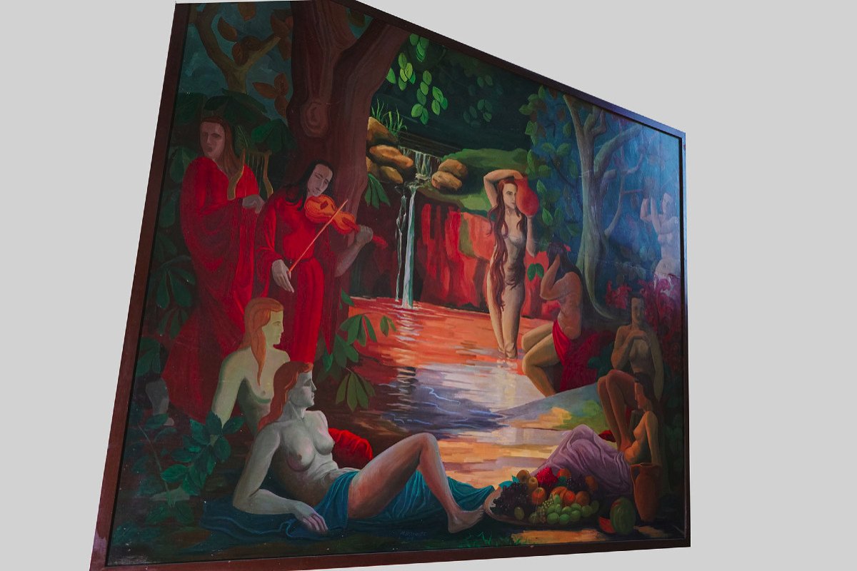 Large Oil On Wood. Women In The Bath-photo-1