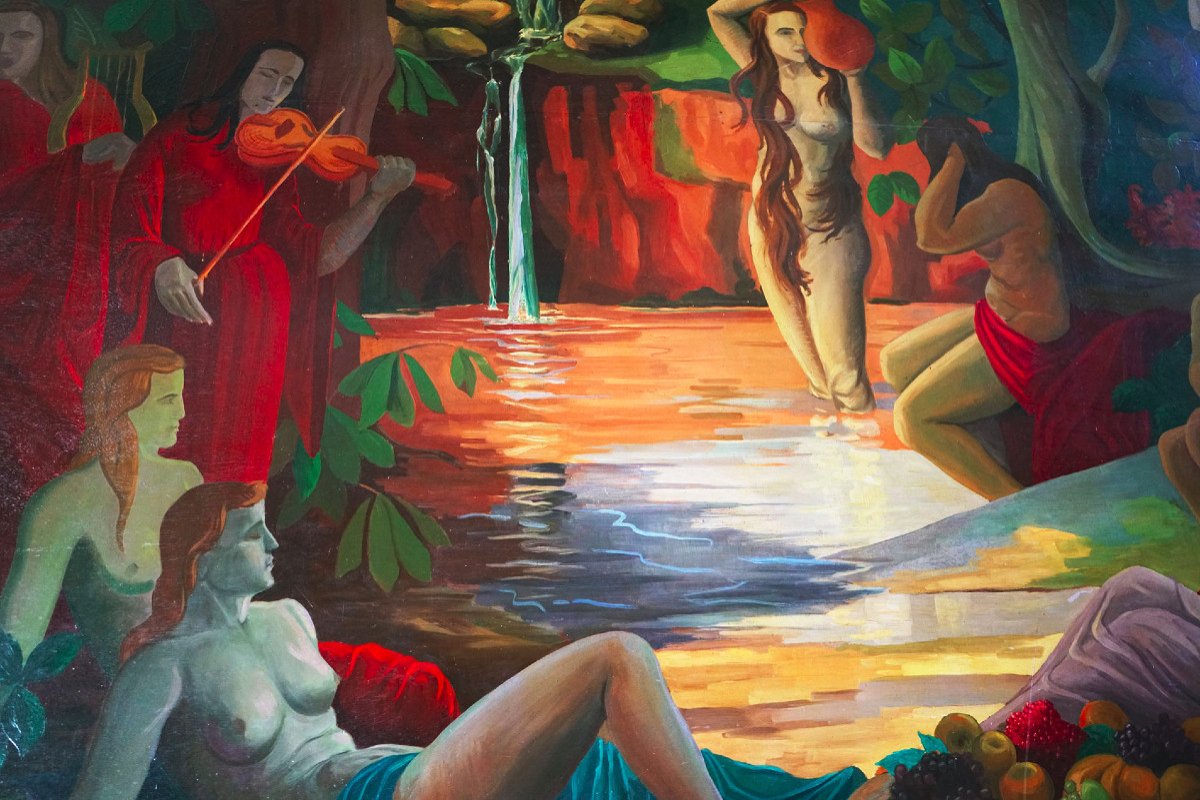 Large Oil On Wood. Women In The Bath-photo-3
