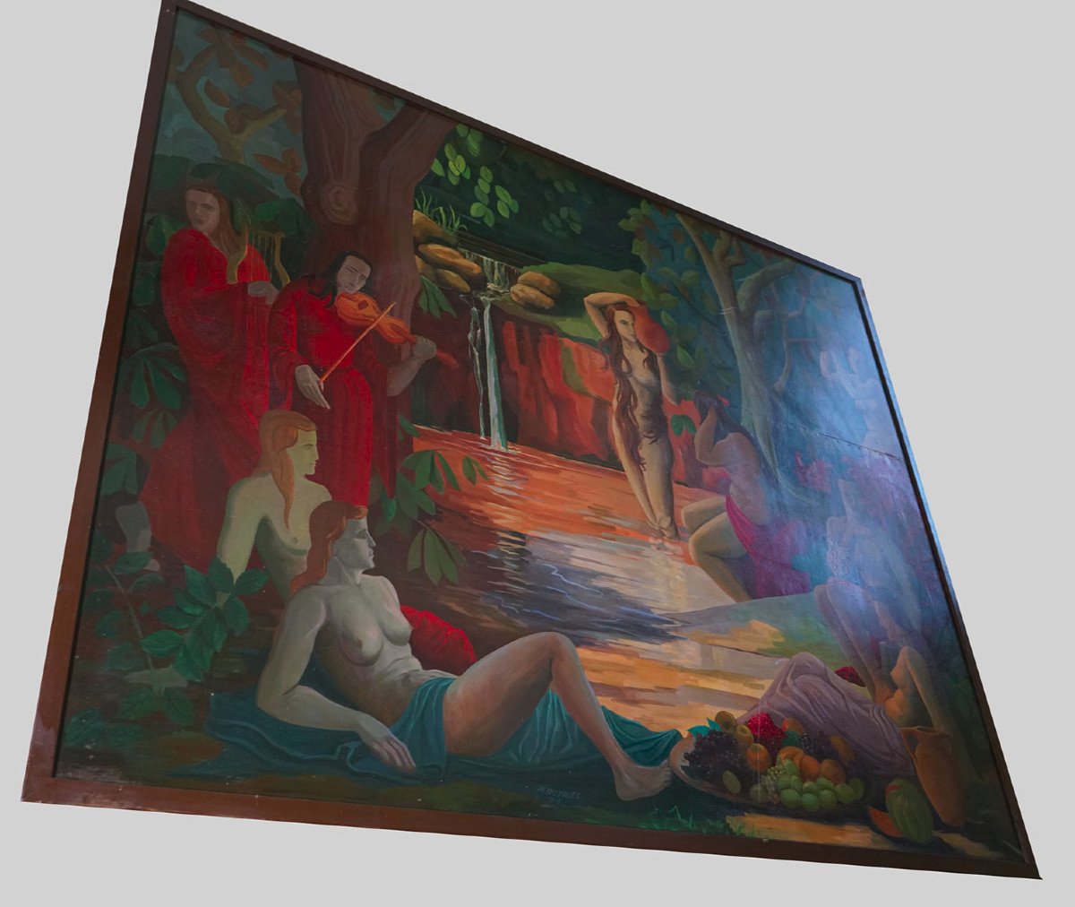 Large Oil On Wood. Women In The Bath