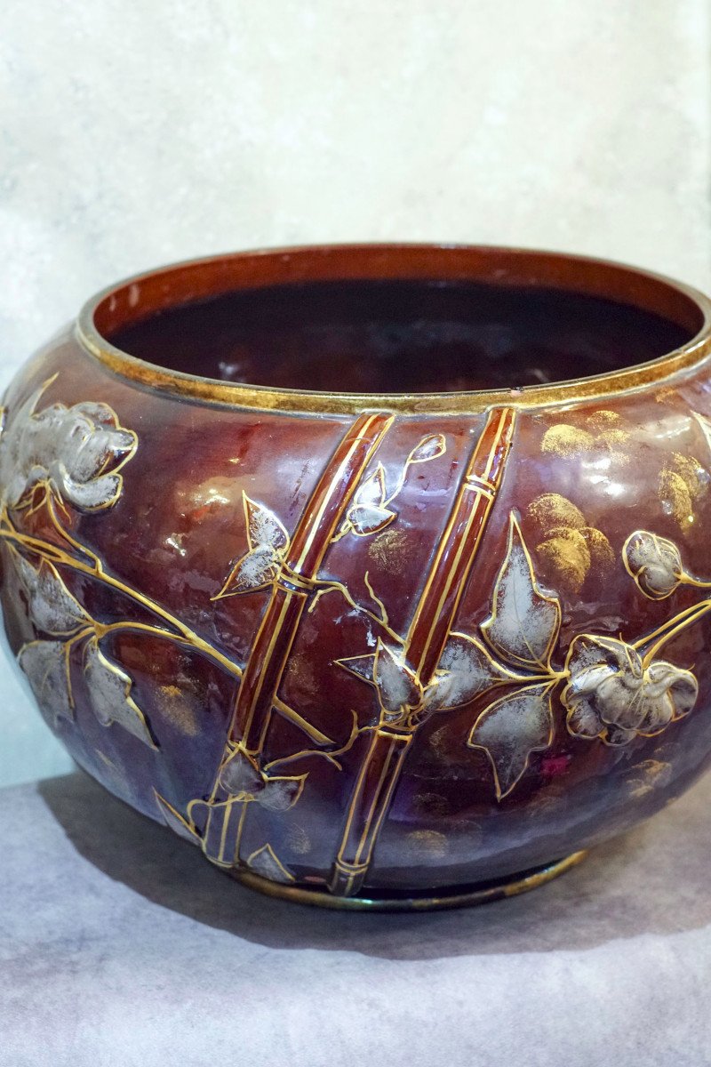 Large Art Nouveau Enameled Porcelain Planter-photo-1