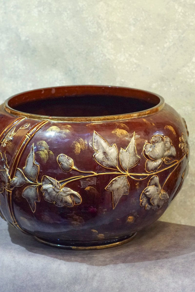 Large Art Nouveau Enameled Porcelain Planter-photo-2