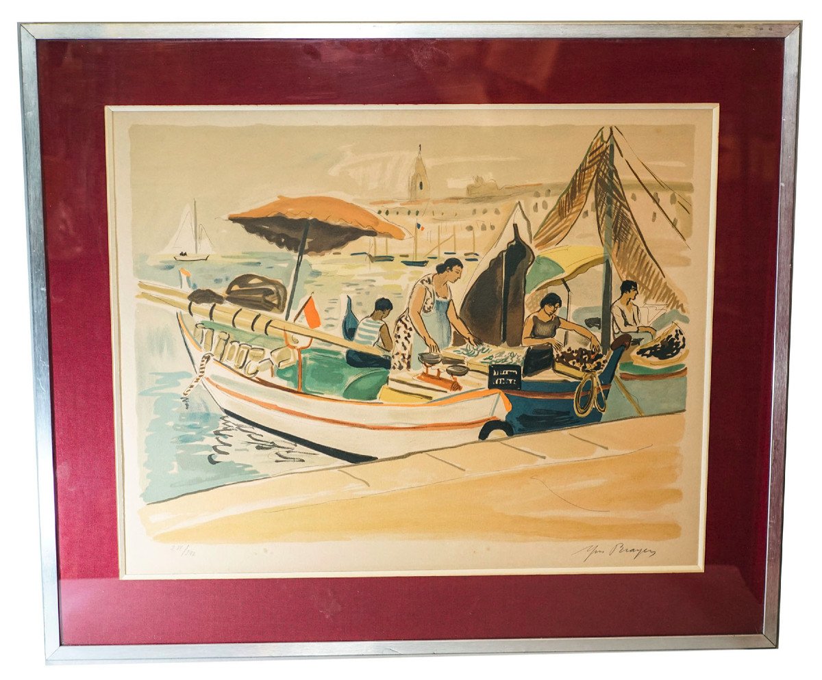 Yves Brayer, Lithograph, "marseille And The Merchants Of The Old Port"