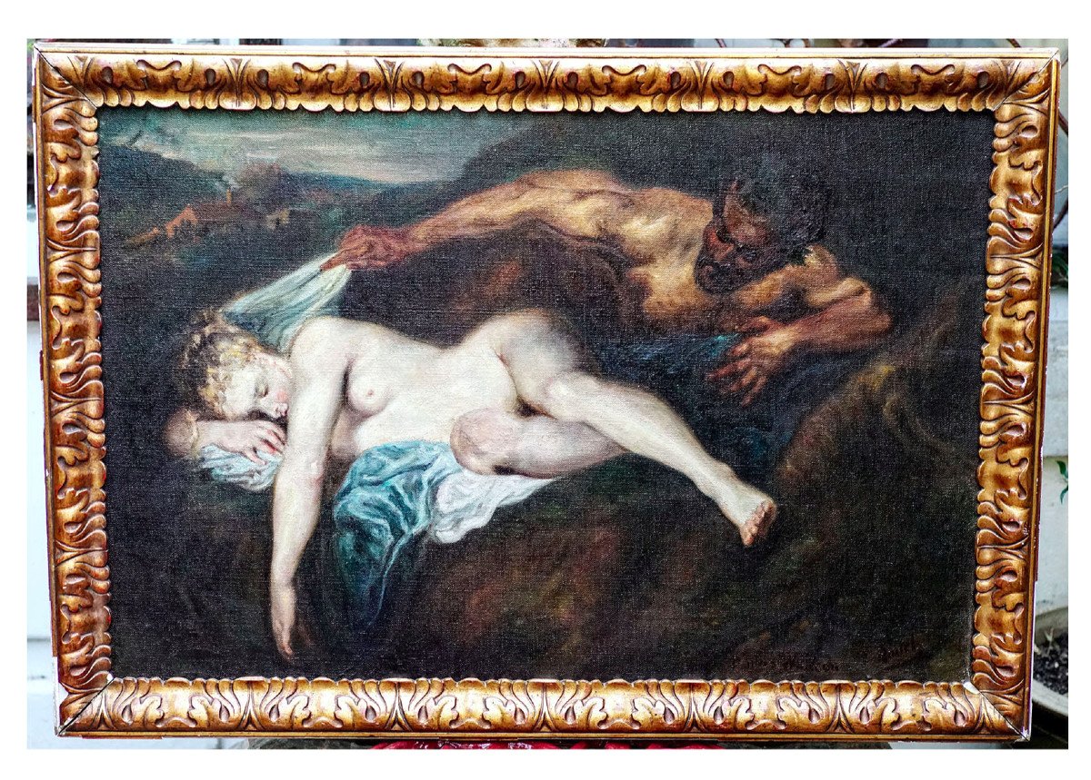 Huile sur toile d'aprés WATTEAU, "Nymphe et satyre" dit "Jupiter et Antiope"
