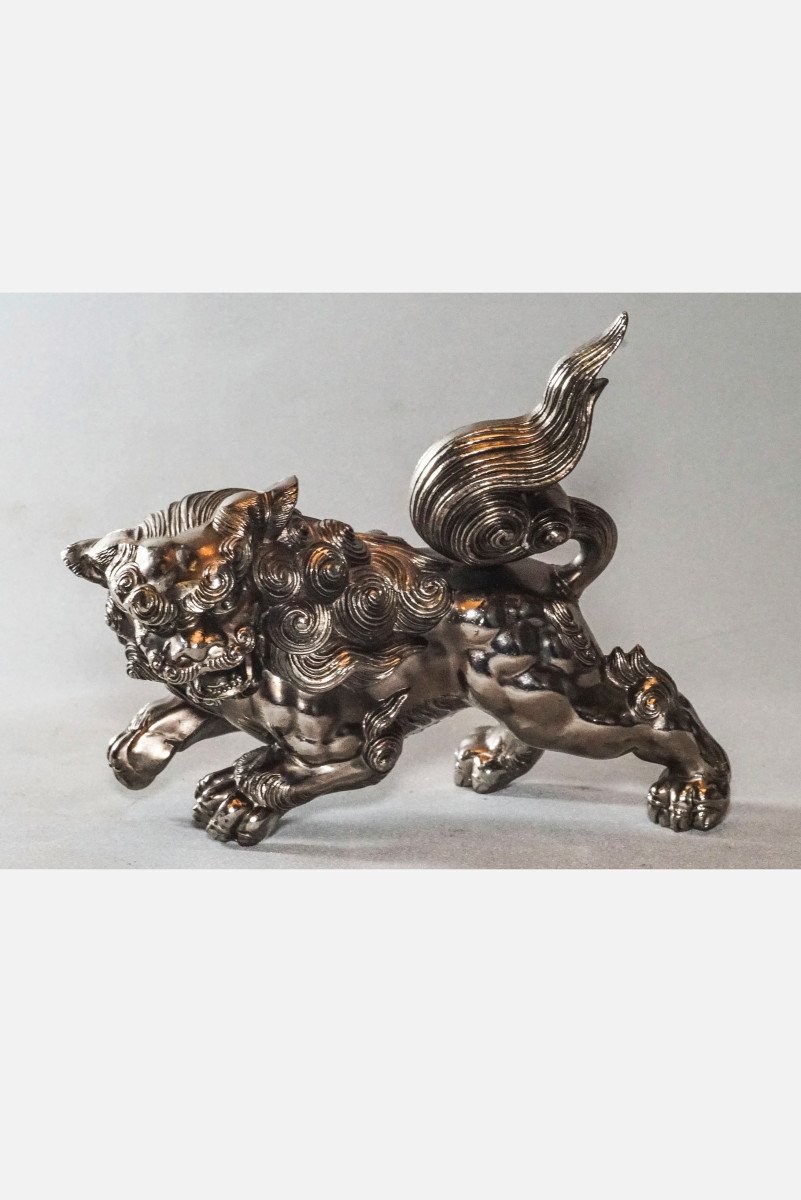 Sculpture bronze blanc, Lion gardien, Chien De Fô-photo-5
