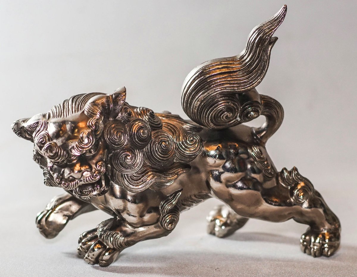 Sculpture bronze blanc, Lion gardien, Chien De Fô