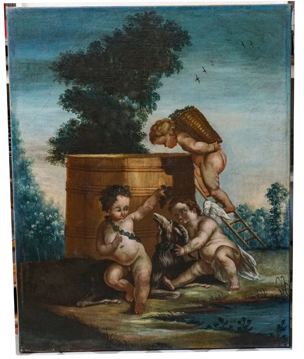 "PUTTI VENDANGEURS". Huile sur toile, École française fin XVIIIe, début XIXe