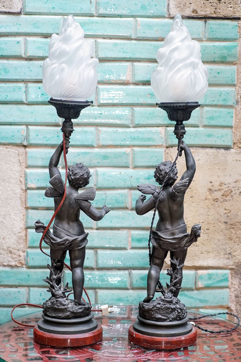 ANGES, "CHARMEUR" et "VAINQUEUR", par Ernest RANCOULET, paire de lampes flammes, régule-photo-2