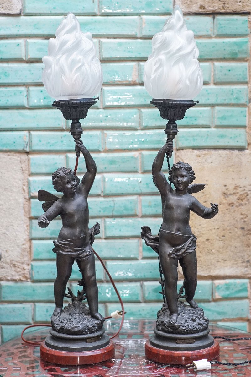 ANGES, "CHARMEUR" et "VAINQUEUR", par Ernest RANCOULET, paire de lampes flammes, régule