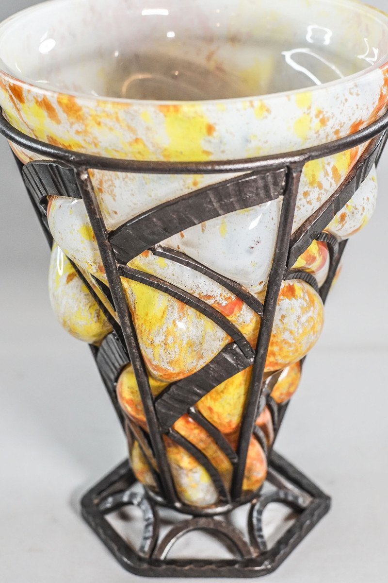 VASE ART DÉCO soufflé, monture fer forgé, Lorraine-photo-1