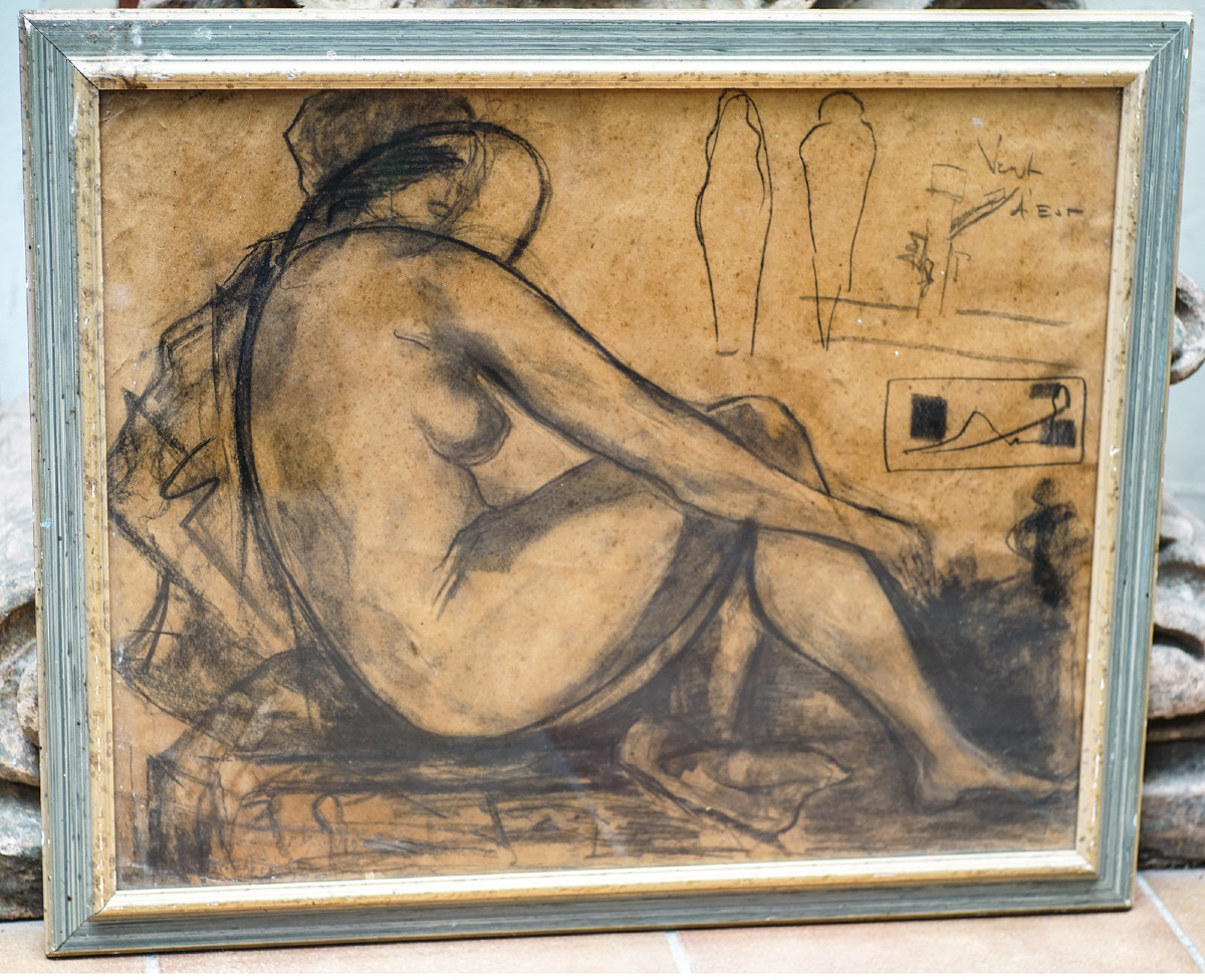 Pierre MOLINIER, ÉTUDE DE NU AU CHAPEAU, crayon et fusain