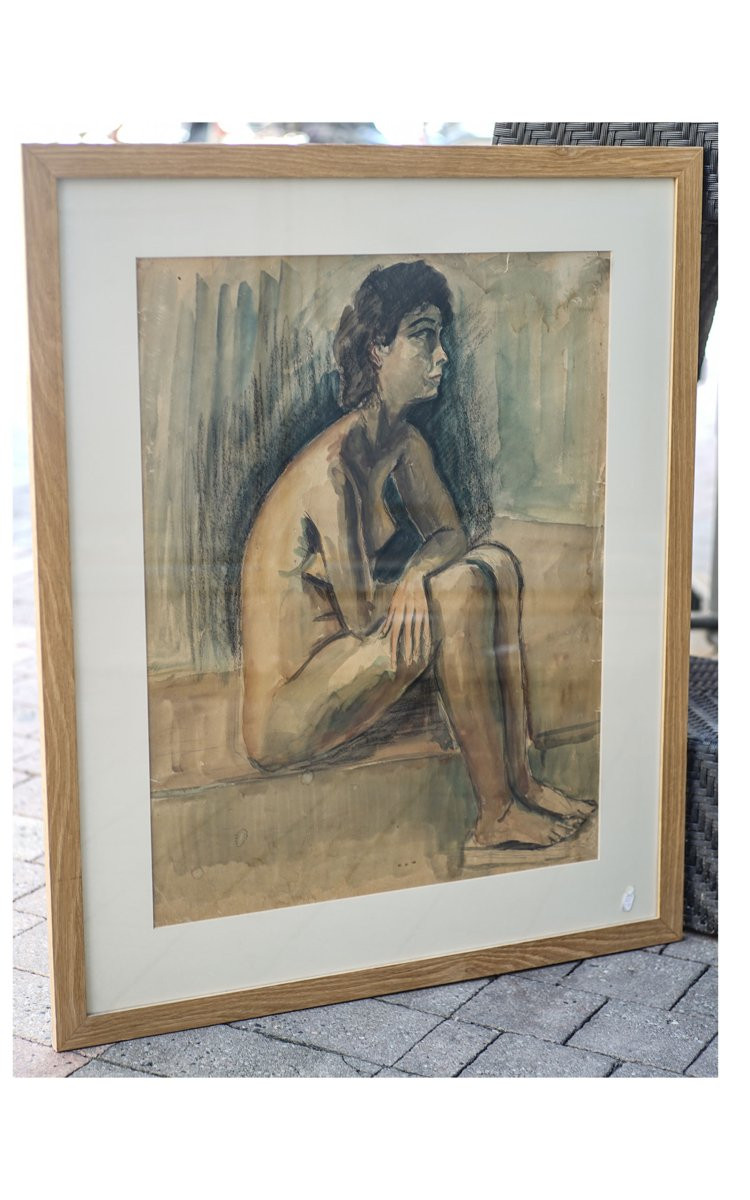Seated Nude, Charcoal And Gouache On Paper-photo-1