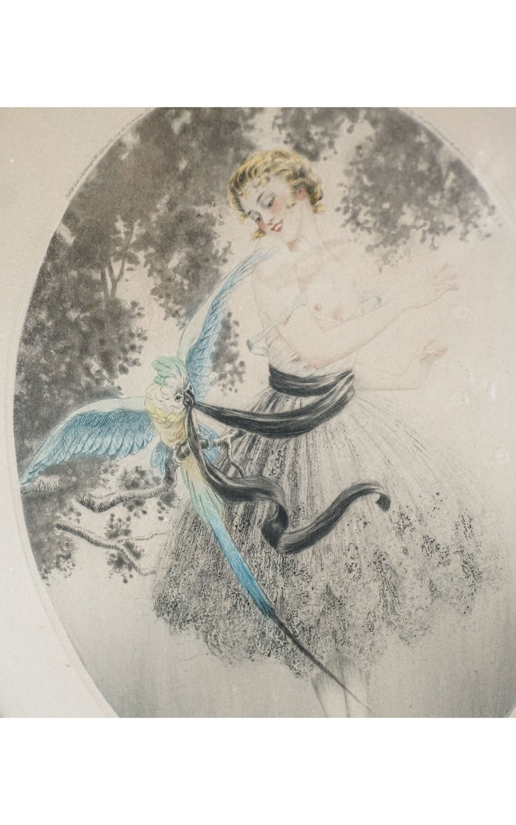 Georges GRELLET, FILLE AU PERROQUET, Estampe-photo-2