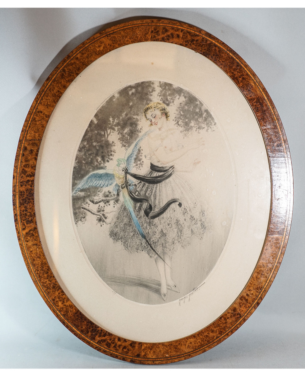 Georges GRELLET, FILLE AU PERROQUET, Estampe