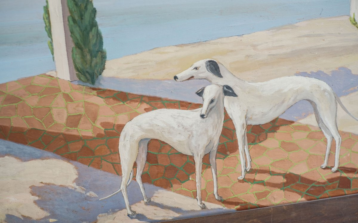 Roger Tarenne, Art Deco With Greyhounds, Oil On Panel-photo-2