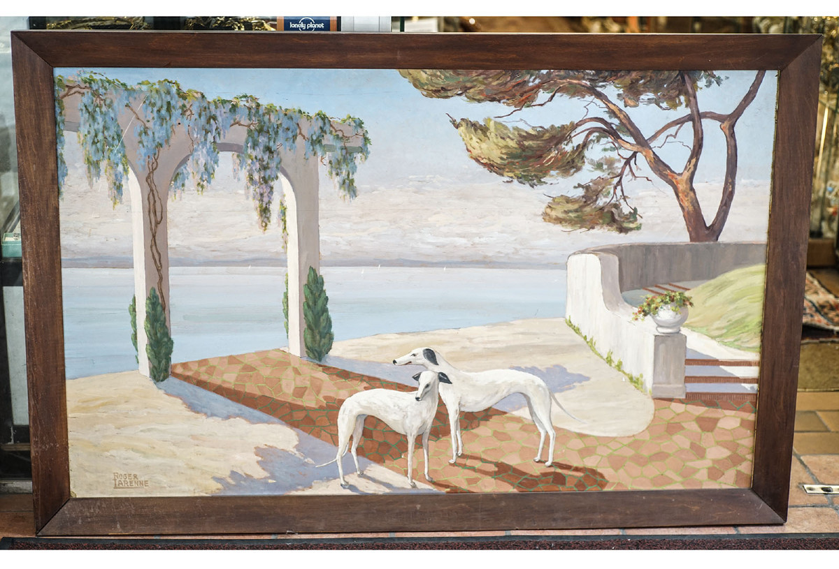 Roger Tarenne, Art Deco With Greyhounds, Oil On Panel