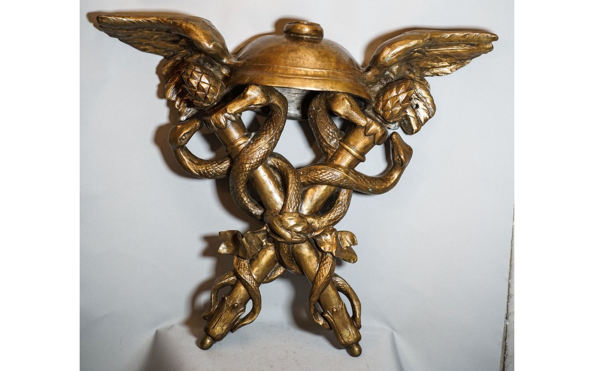 Hermes Attributes: Bronze Saddle Trophy Featuring Caduceus And A Helmet