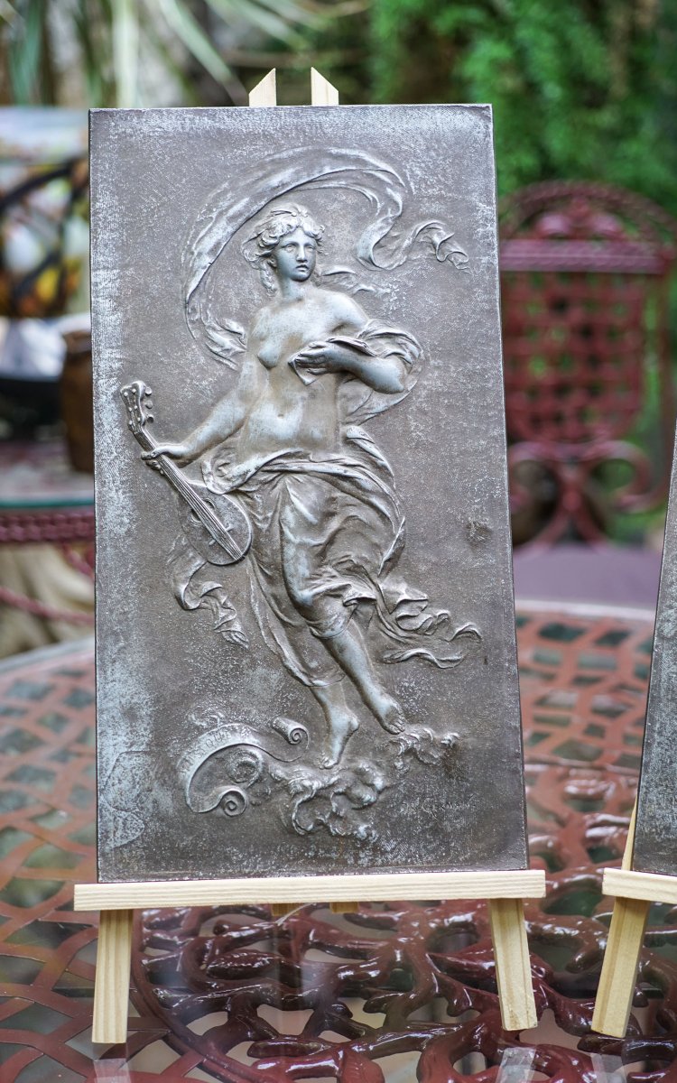 Jean-baptiste Germain, Music And Sculpture, Two Gallant White Bronze Plaques-photo-2