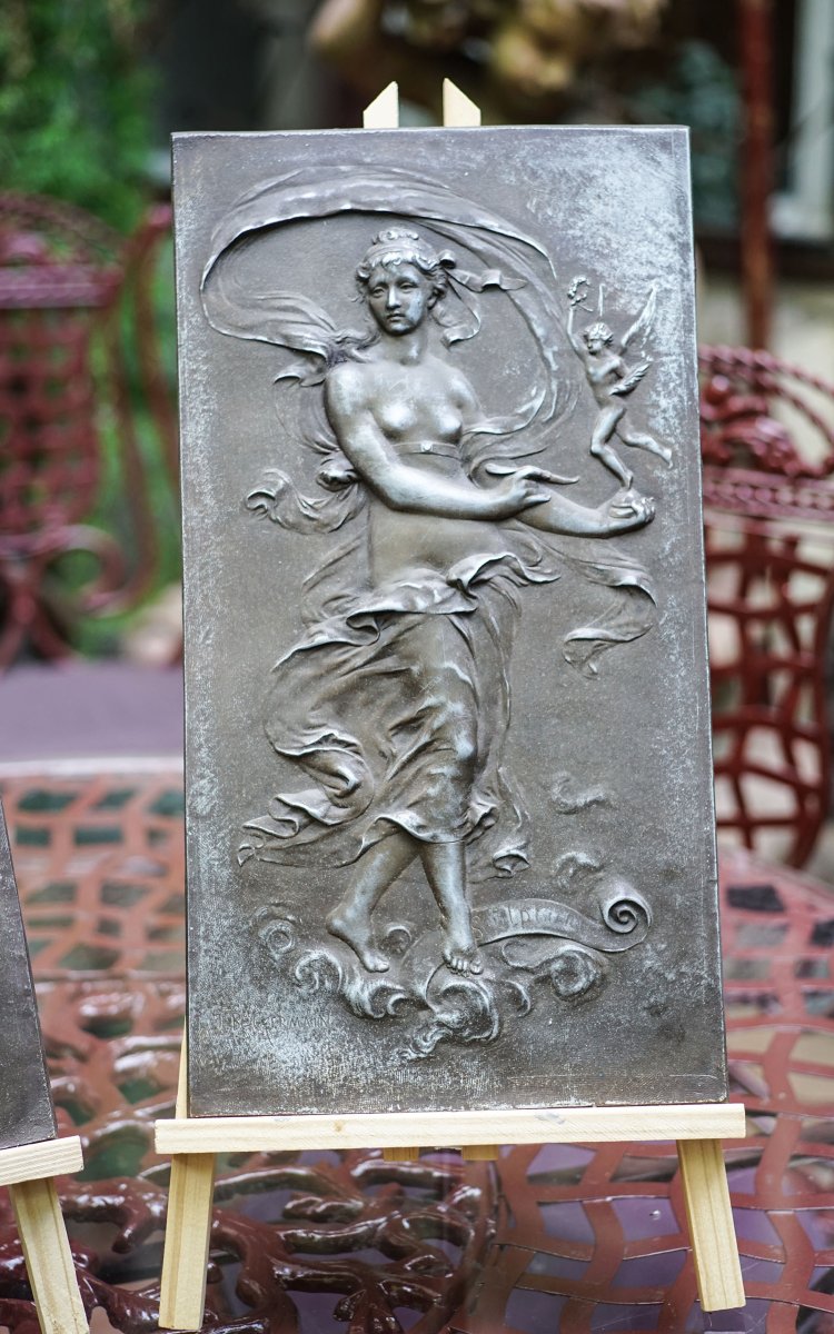 Jean-baptiste Germain, Music And Sculpture, Two Gallant White Bronze Plaques-photo-3
