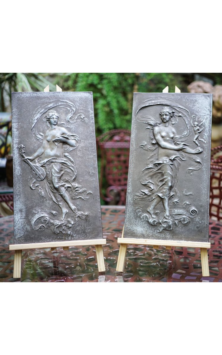 Jean-baptiste Germain, Music And Sculpture, Two Gallant White Bronze Plaques