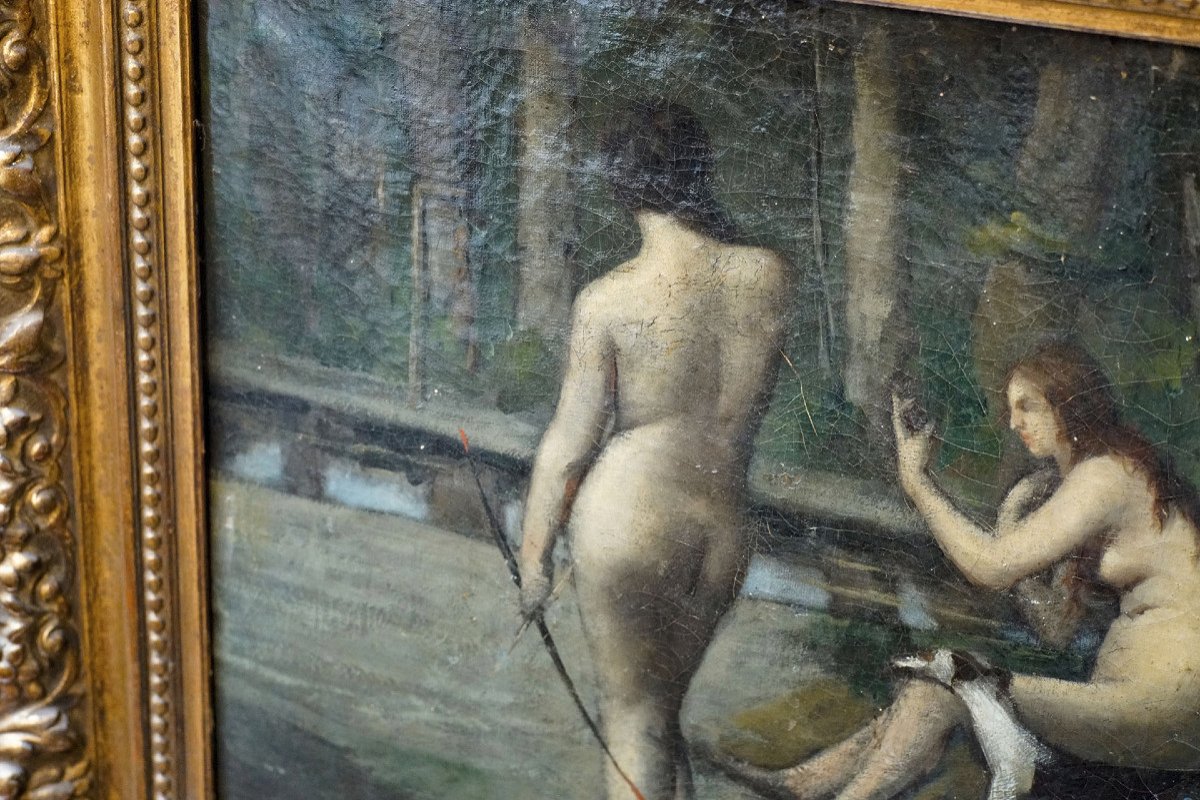 "diane, Nymphes Et Lévrier Au Bain". Oil On Canvas-photo-2