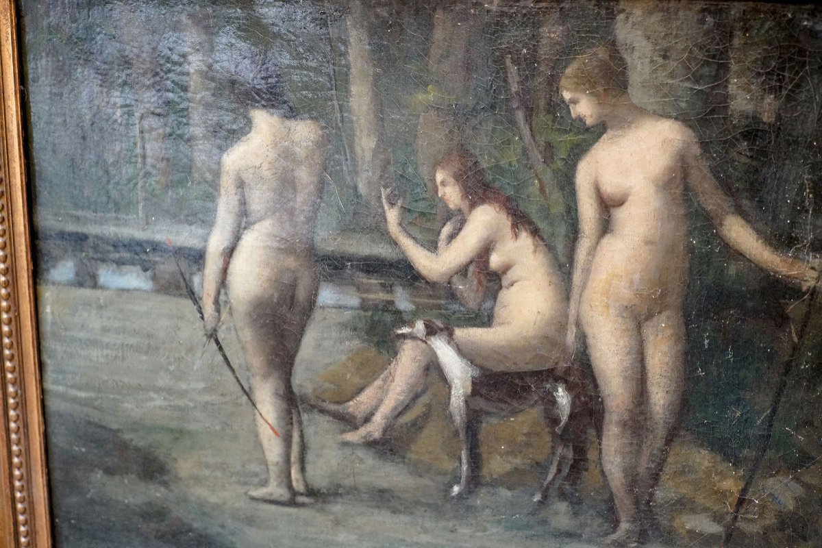 "diane, Nymphes Et Lévrier Au Bain". Oil On Canvas-photo-3