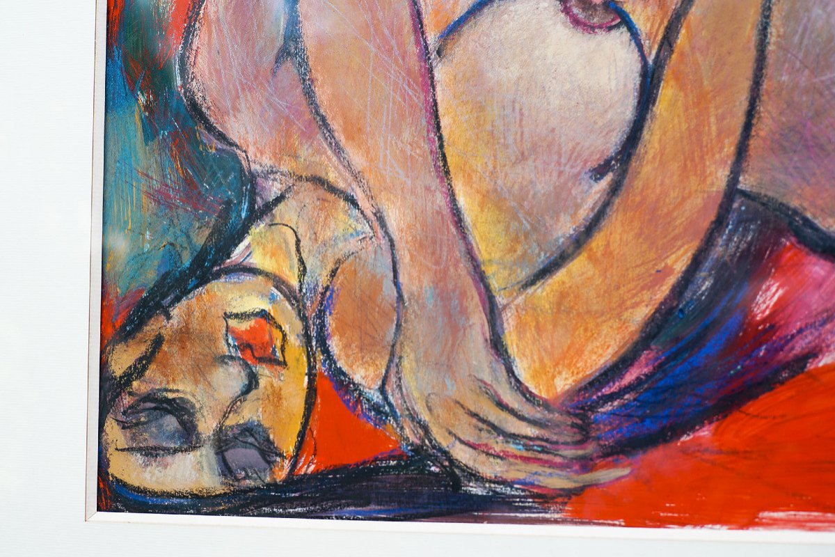 Pierre SUDRÉ, "Nu femme" art déco.  Huile sur papier sous verre.-photo-3