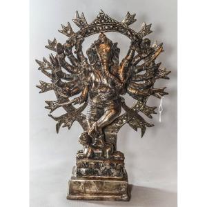 Sculpture De Ganesh En Bronze Plaqué Argent