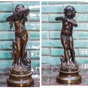 Auguste MOREAU, "TAQUINERIE" & "MUTINERIE" . Paire de bronzes.
