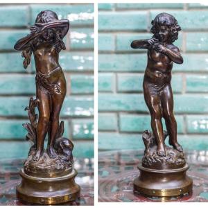 Auguste Moreau, “ Mutiny” & “teasing”. Pair Of Bronzes.