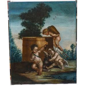 "PUTTI VENDANGEURS". Huile sur toile, École française fin XVIIIe, début XIXe