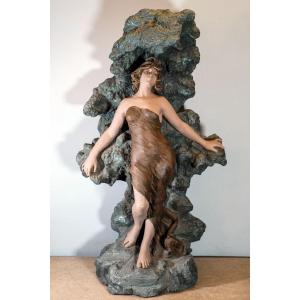 Paladin, Femme Au Rocher, Terre Cuite Rocaille, Fontaine Art Nouveau, 78 Cm