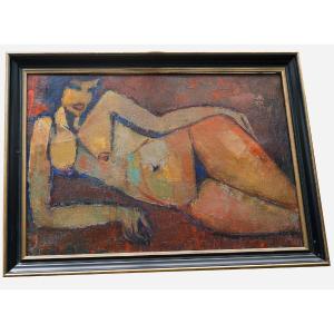 Pierre SUDRÉ, "Nu femme", huile sur toile art déco.