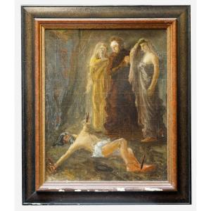 Christ et trois personnages, huile sur toile XIXème