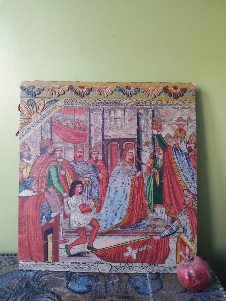 Panneau Sculpté Et Peint, Couronnement De Louis De Bavière (Rome, 1328), Art Populaire, XIXème-photo-2