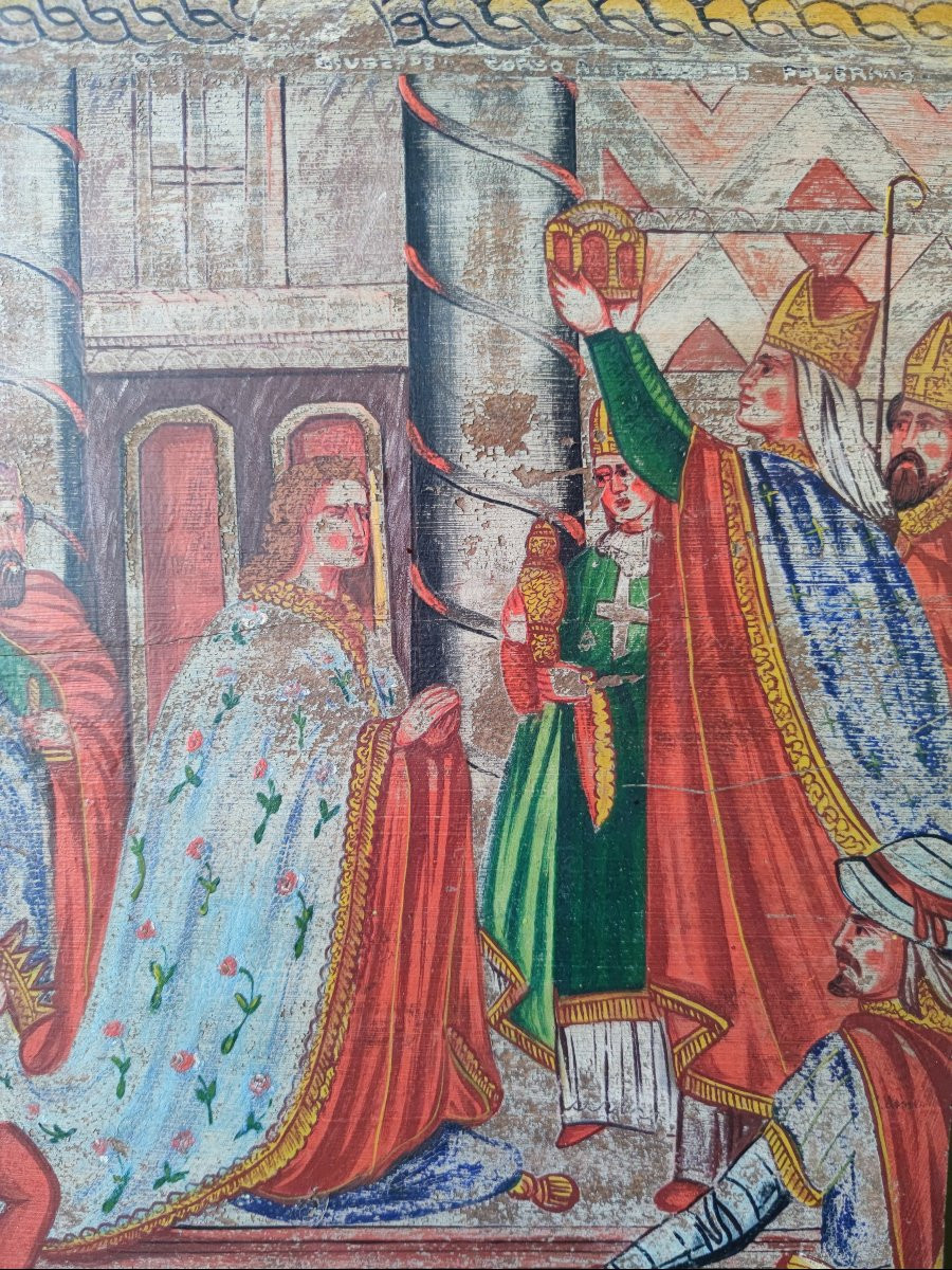Panneau Sculpté Et Peint, Couronnement De Louis De Bavière (Rome, 1328), Art Populaire, XIXème-photo-1