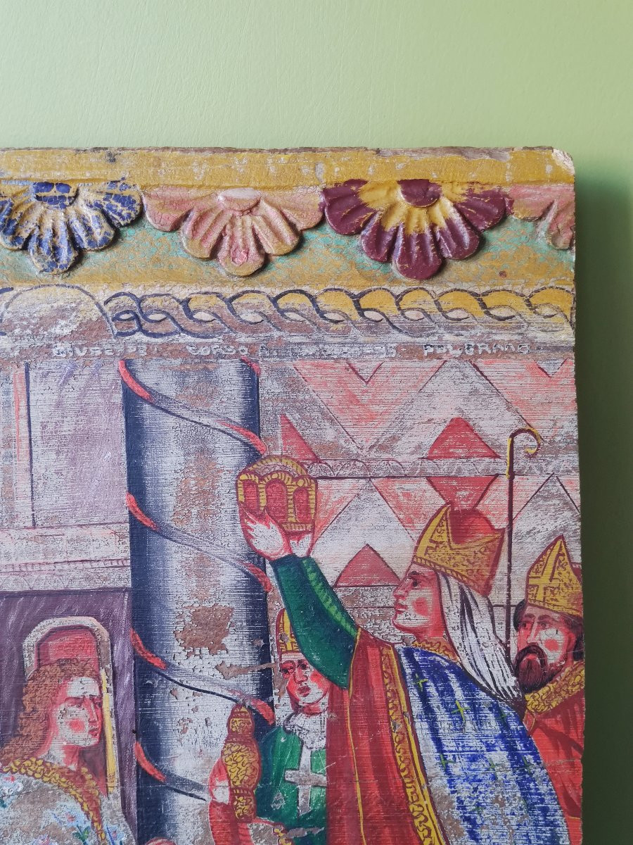 Panneau Sculpté Et Peint, Couronnement De Louis De Bavière (Rome, 1328), Art Populaire, XIXème-photo-3
