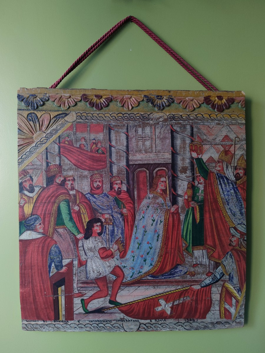 Panneau Sculpté Et Peint, Couronnement De Louis De Bavière (Rome, 1328), Art Populaire, XIXème