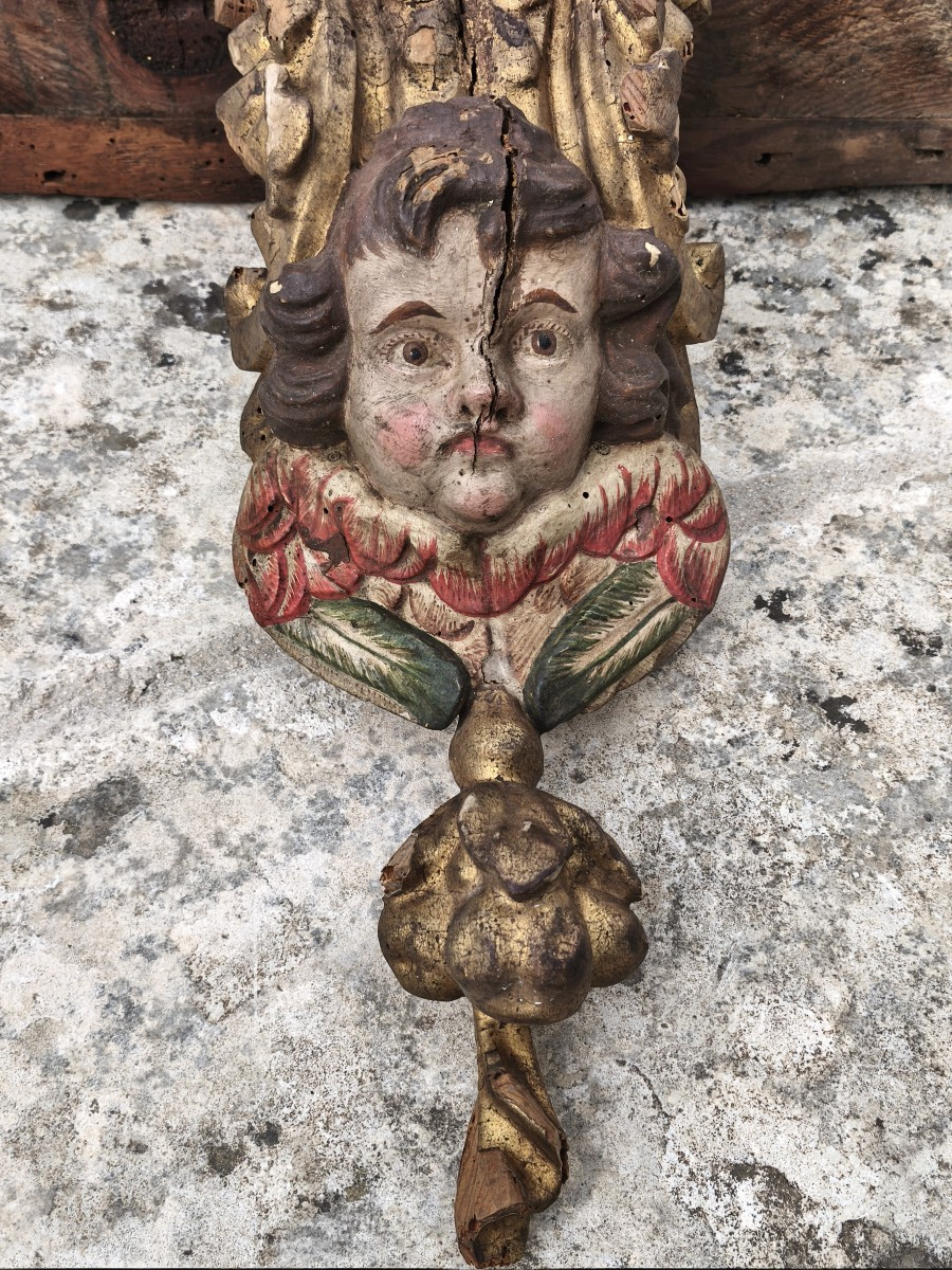Large Giltwood Wall-mounted Console, With A Carved And Polychrome Wooden Cherub’s Head, 17th C-photo-2