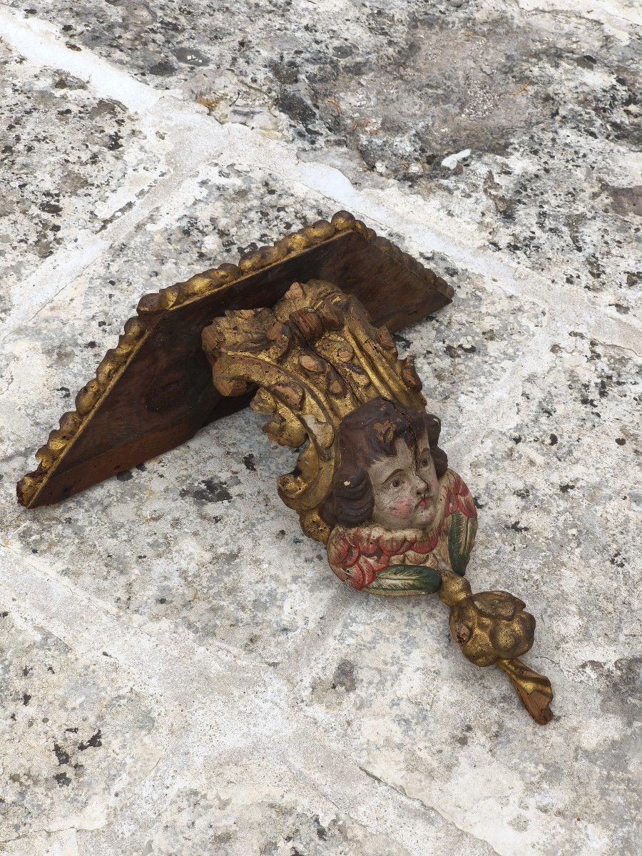 Large Giltwood Wall-mounted Console, With A Carved And Polychrome Wooden Cherub’s Head, 17th C-photo-4