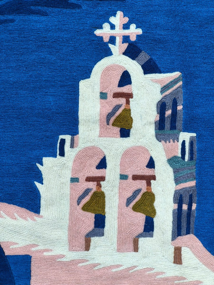 Petite tapisserie tissée main représentant une vue d'Ile grecque (Santorin), XXe-photo-4