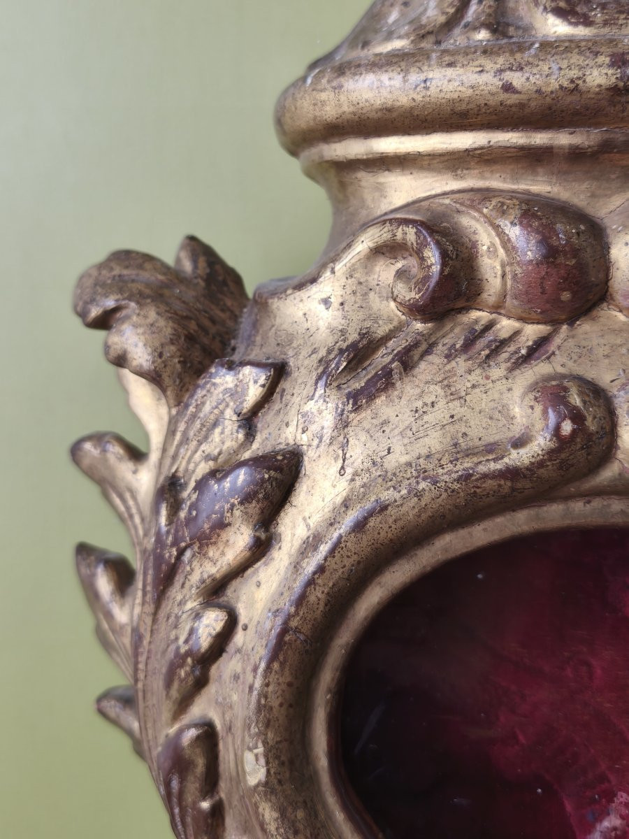 Reliquaire Monstrance en bois sculpté et doré avec verre soufflé, XVIIIe siècle-photo-1