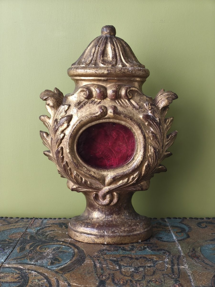 Reliquaire Monstrance en bois sculpté et doré avec verre soufflé, XVIIIe siècle-photo-4