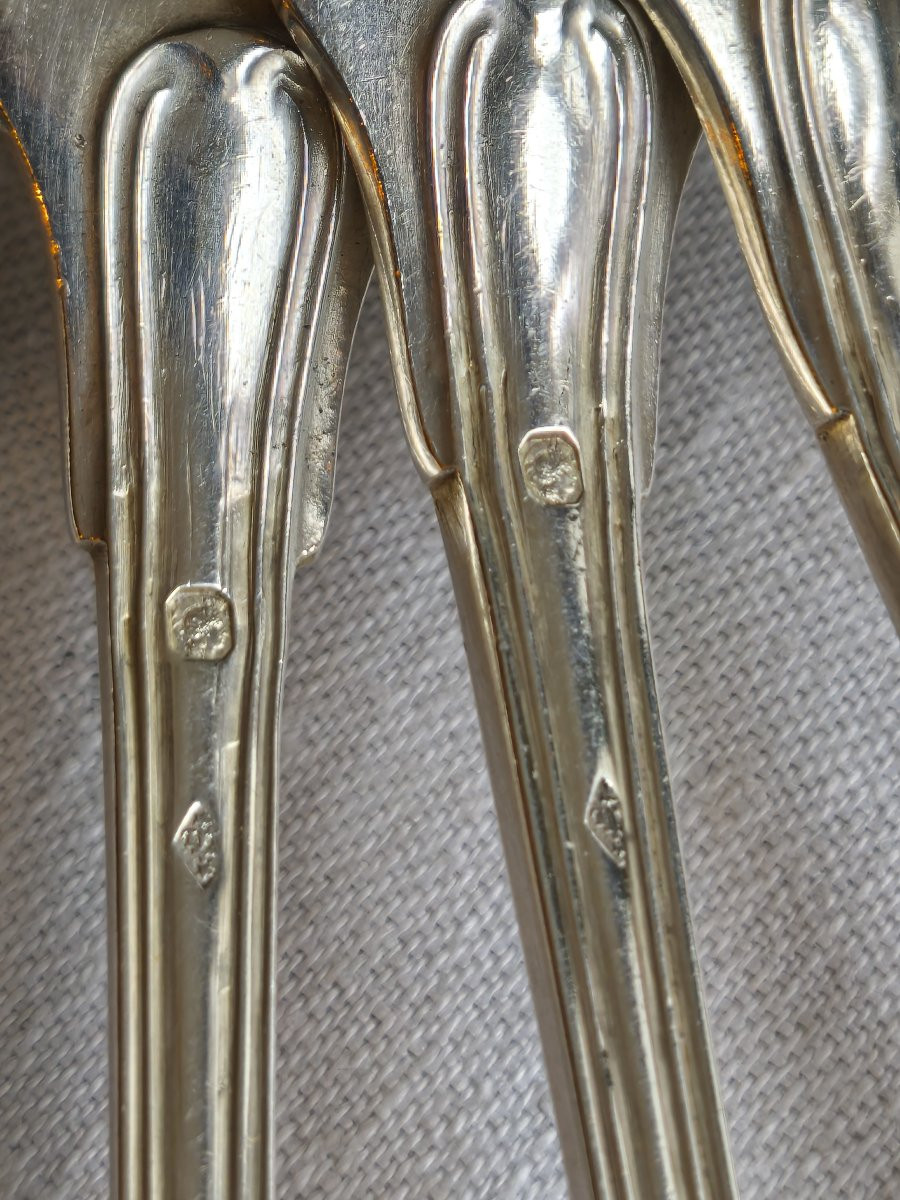 A Set Of 12 Solid Silver Dessert Place Settings, Bearing The Puvis De Chavannes Alliance Coat Of Arms, 19th Century-photo-3