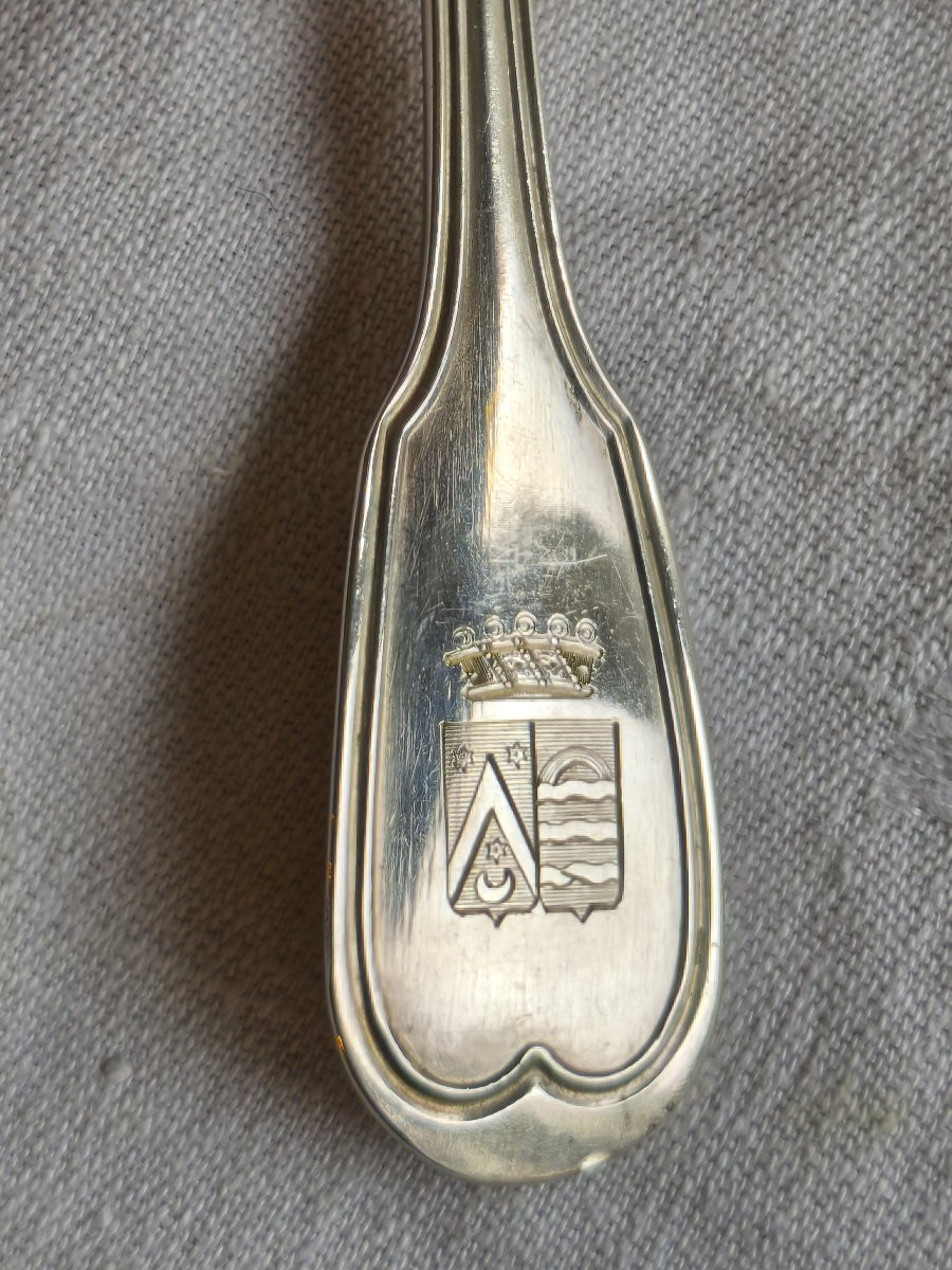 A Set Of 12 Solid Silver Dessert Place Settings, Bearing The Puvis De Chavannes Alliance Coat Of Arms, 19th Century-photo-4