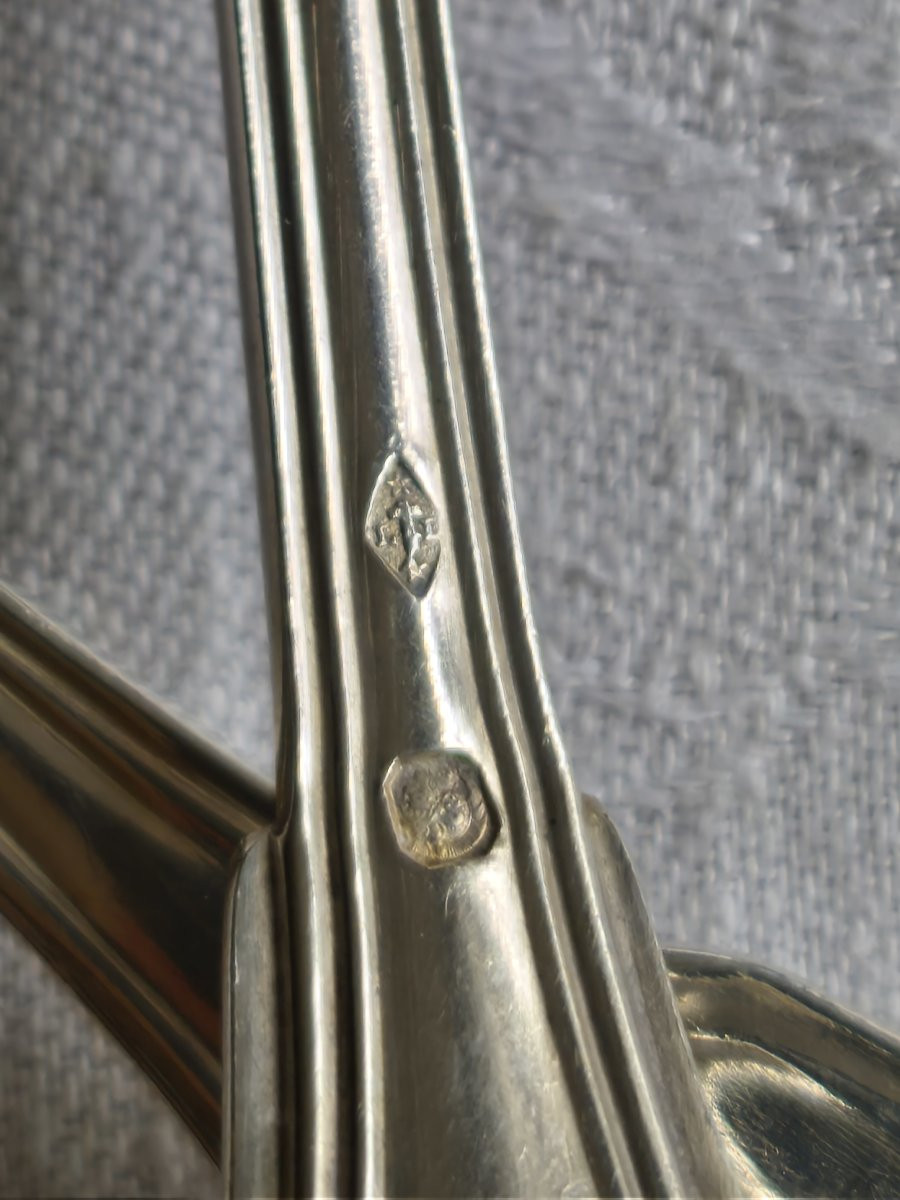 A Set Of 12 Solid Silver Dessert Place Settings, Bearing The Puvis De Chavannes Alliance Coat Of Arms, 19th Century-photo-1