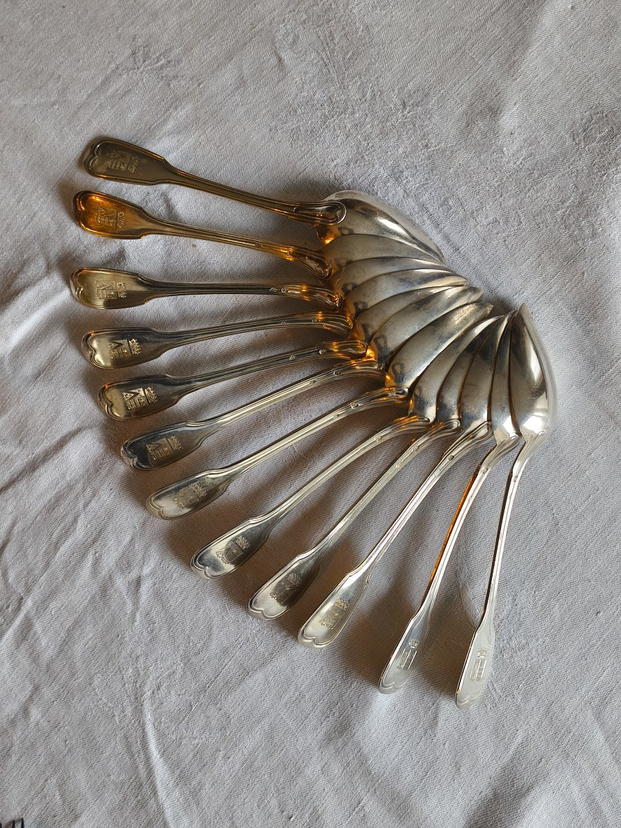 A Set Of 12 Solid Silver Dessert Place Settings, Bearing The Puvis De Chavannes Alliance Coat Of Arms, 19th Century-photo-3