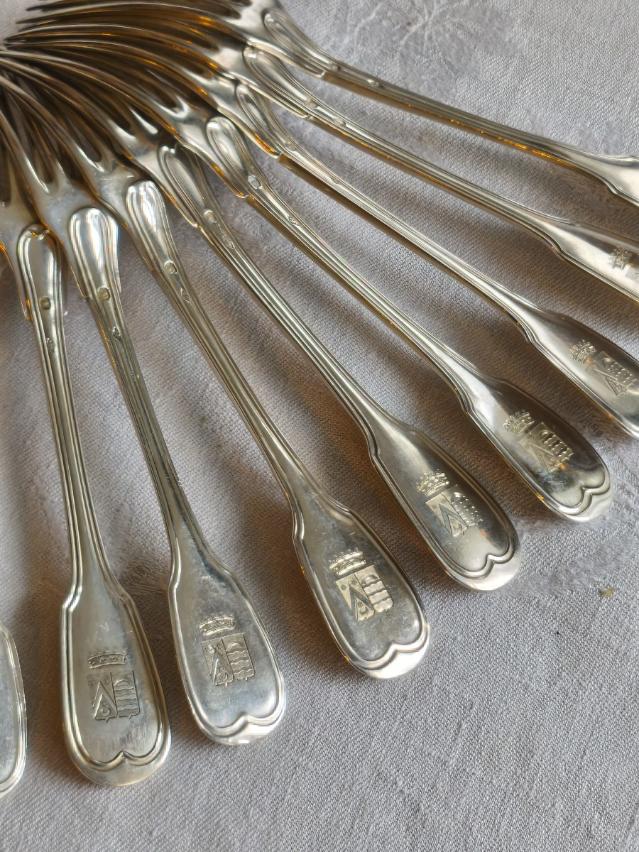 A Set Of 12 Solid Silver Dessert Place Settings, Bearing The Puvis De Chavannes Alliance Coat Of Arms, 19th Century