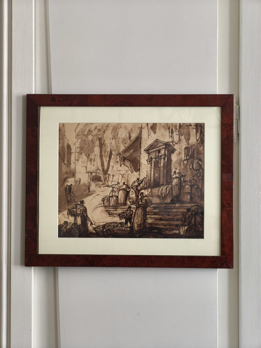 Vue de fontaine, encre et lavis brun, signé André Maire (1898-1984), daté de 1932-photo-2